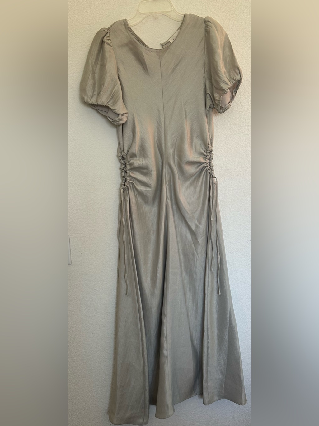 Melloday Taupe Puff-Sleeve Maxi Dress With Side Ruching